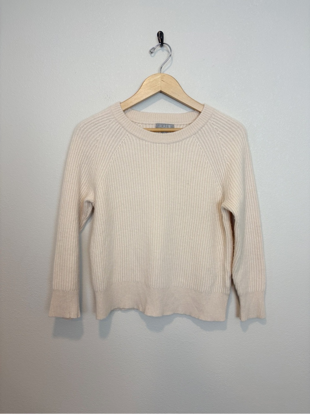 J Crew 100% Cashmere Crewneck Ribbed Sweater in Cream Size XS
